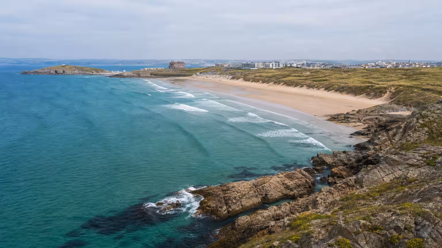 Elevated view across Fistral Beach in Newquay, Cornwall